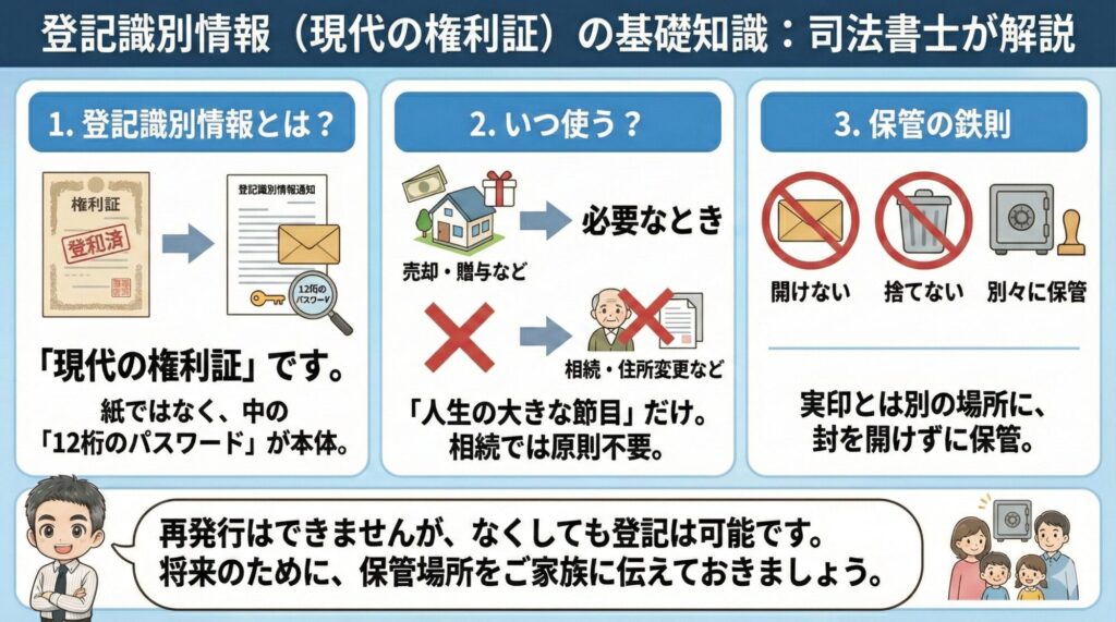司法書士が解説する「登記識別情報(現代の権利証)の基礎知識」の図解。 3つのパネルで構成されている。 左のパネル「1. 登記識別情報とは?」では、昔の権利証のイラストから、現在の封筒に入った通知書と虫眼鏡で見る12桁のパスワードのイラストへ矢印が伸び、「紙ではなく、中の『12桁のパスワード』が本体」と説明。 中央のパネル「2. いつ使う?」では、売却・贈与のイラストに「必要なとき」の矢印、相続・住所変更のイラストに「不要」のバツ印が付き、「『人生の大きな節目』だけ。相続では原則不要」と説明。 右のパネル「3. 保管の鉄則」では、開封禁止、廃棄禁止、金庫と実印を分けるイラストがあり、「実印とは別の場所に、封を開けずに保管」と説明。 下部には司法書士のキャラクターが「再発行はできませんが、なくしても登記は可能です。将来のために、保管場所をご家族に伝えておきましょう」とアドバイスし、家族が金庫の場所を確認しているイラストが添えられている。